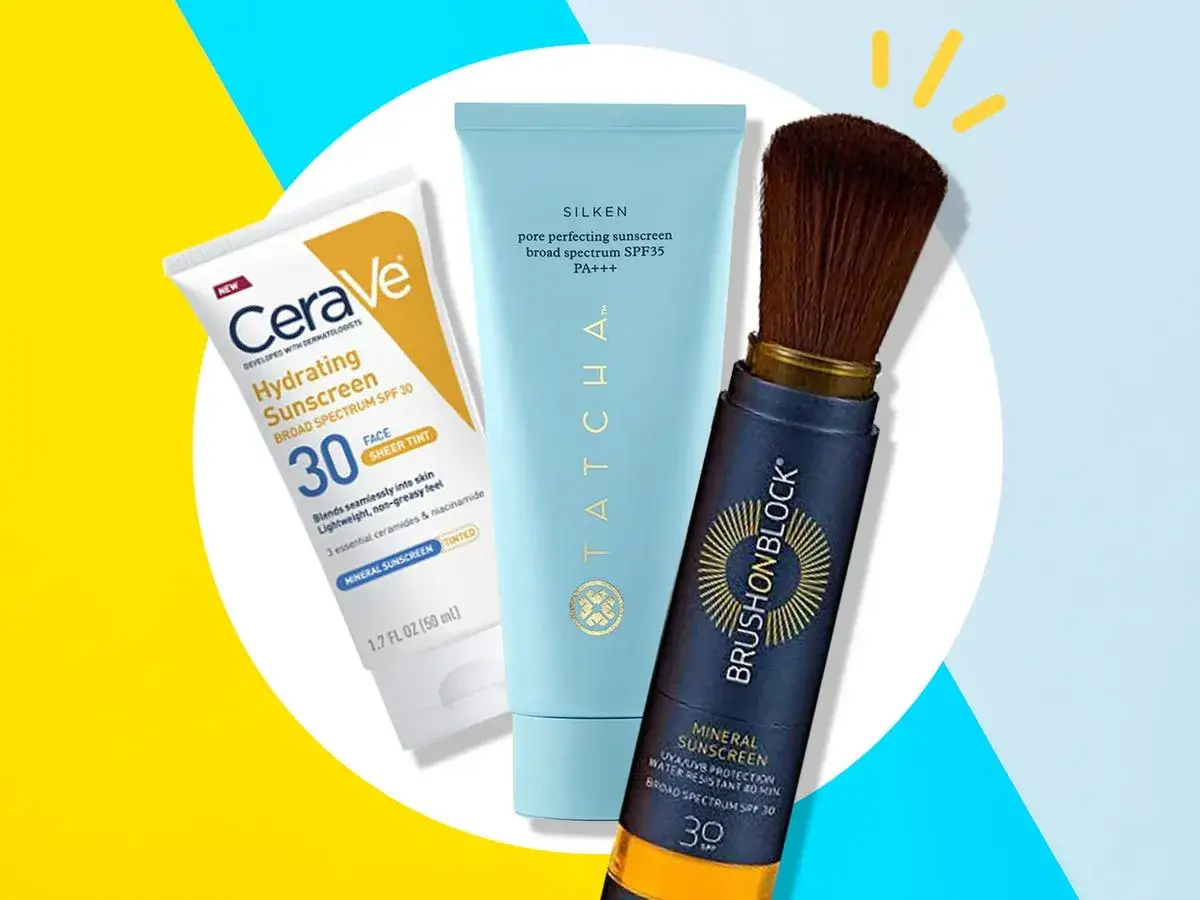 Sonnencreme, die hilft, Pickel zu vermeiden. CeraVe, Tatcha und Brushonblock Sonnenschutzprodukte.