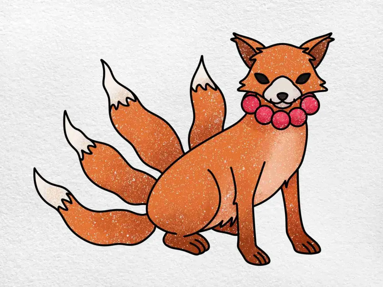 Un kitsune aux neuf queues, un dessin facile et charmant, orné d'un collier de perles rouges.