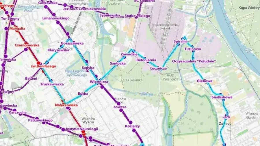 Mapa trasy autobusu 163 Warszawa