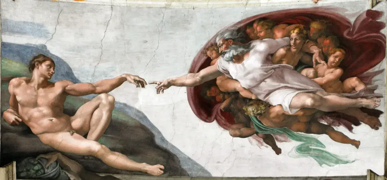La Cr&eacute;ation d'Adam, chef-d'&oelig;uvre de la renaissance italienne, montre Dieu donnant vie &agrave; Adam.