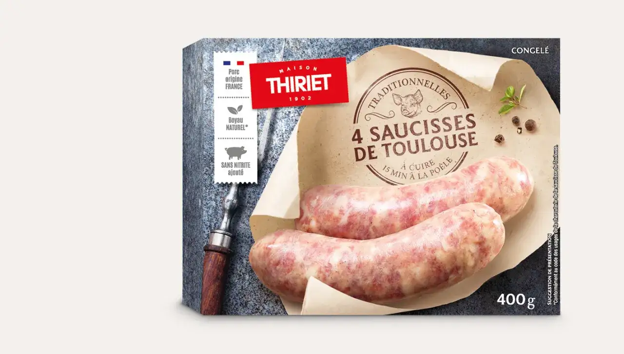 4 saucisses de Toulouse Thiriet, un accompagnement parfait pour vos repas. Porc origine France, boyau naturel, sans nitrite ajout&eacute;.