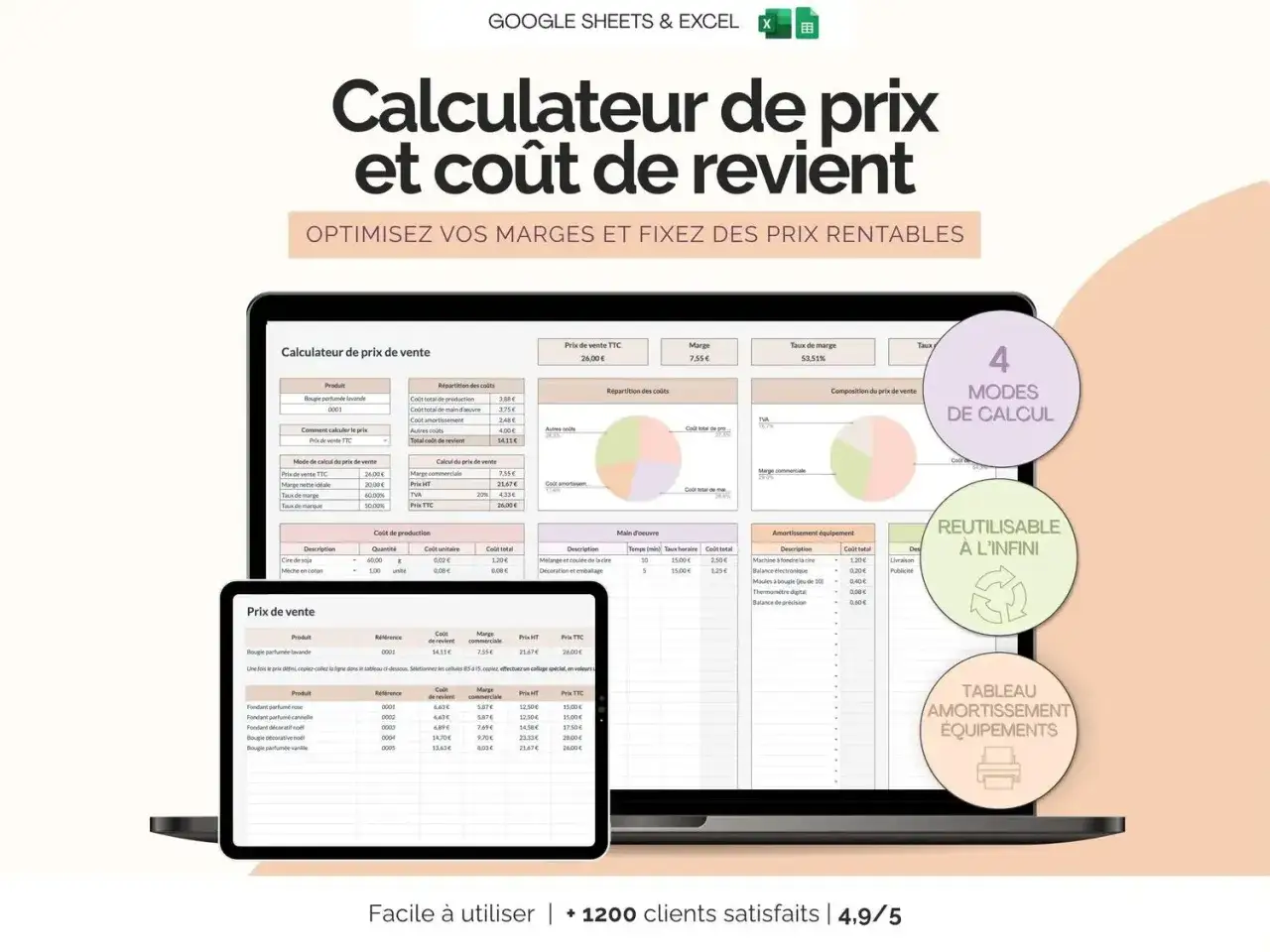Calculateur de prix de vente montrant le seuil de revente à perte, avec des tableaux de coûts et de marges pour optimiser les bénéfices.