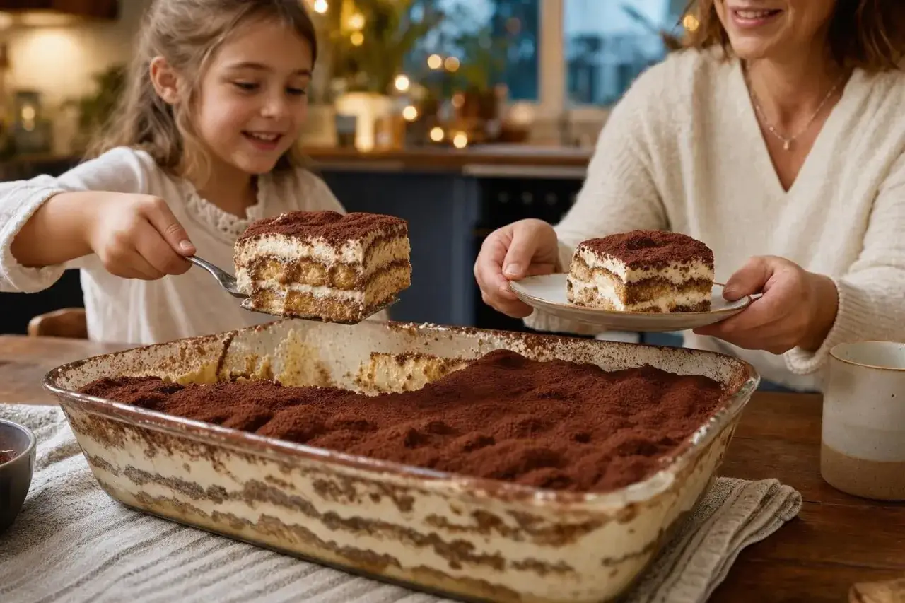 Une fillette et une femme servent des parts d'un d&eacute;licieux tiramisu chocolat, saupoudr&eacute; de cacao, dans une cuisine chaleureuse.