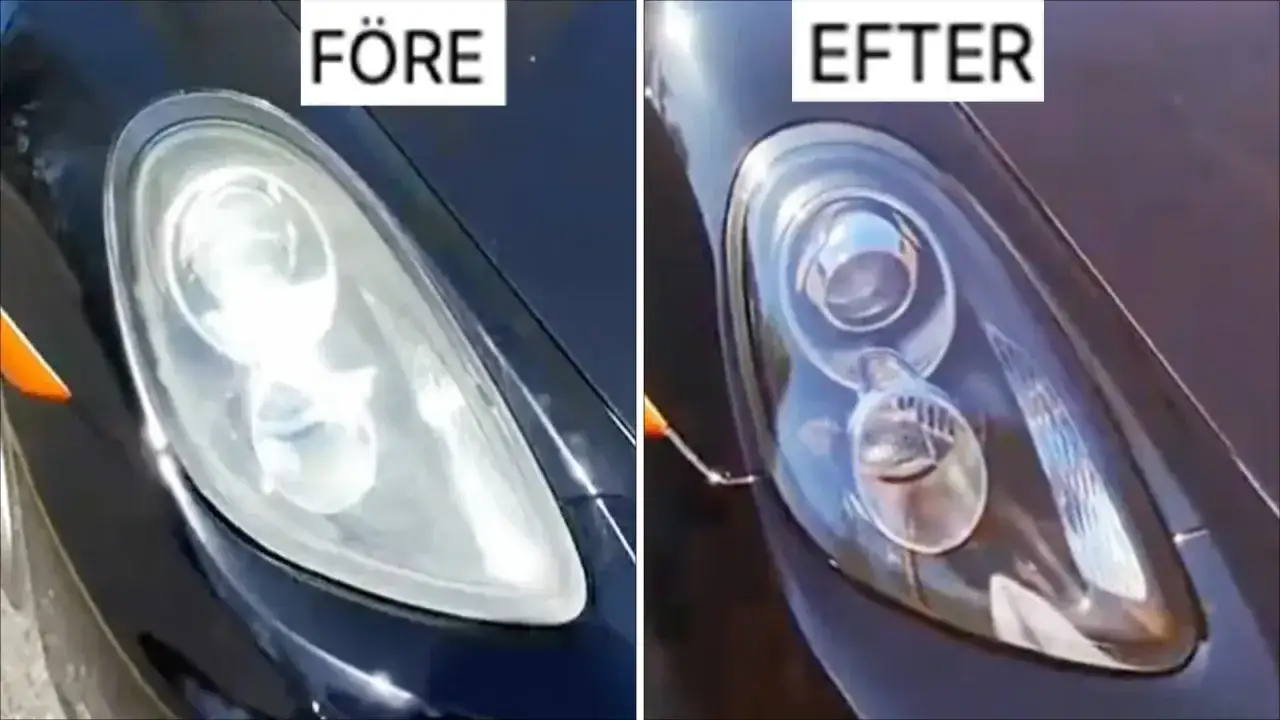 F&ouml;re och efter-bild p&aring; en billykta som blivit klar och fin med Turtle Wax str&aring;lkastarlins&aring;terst&auml;llare.
