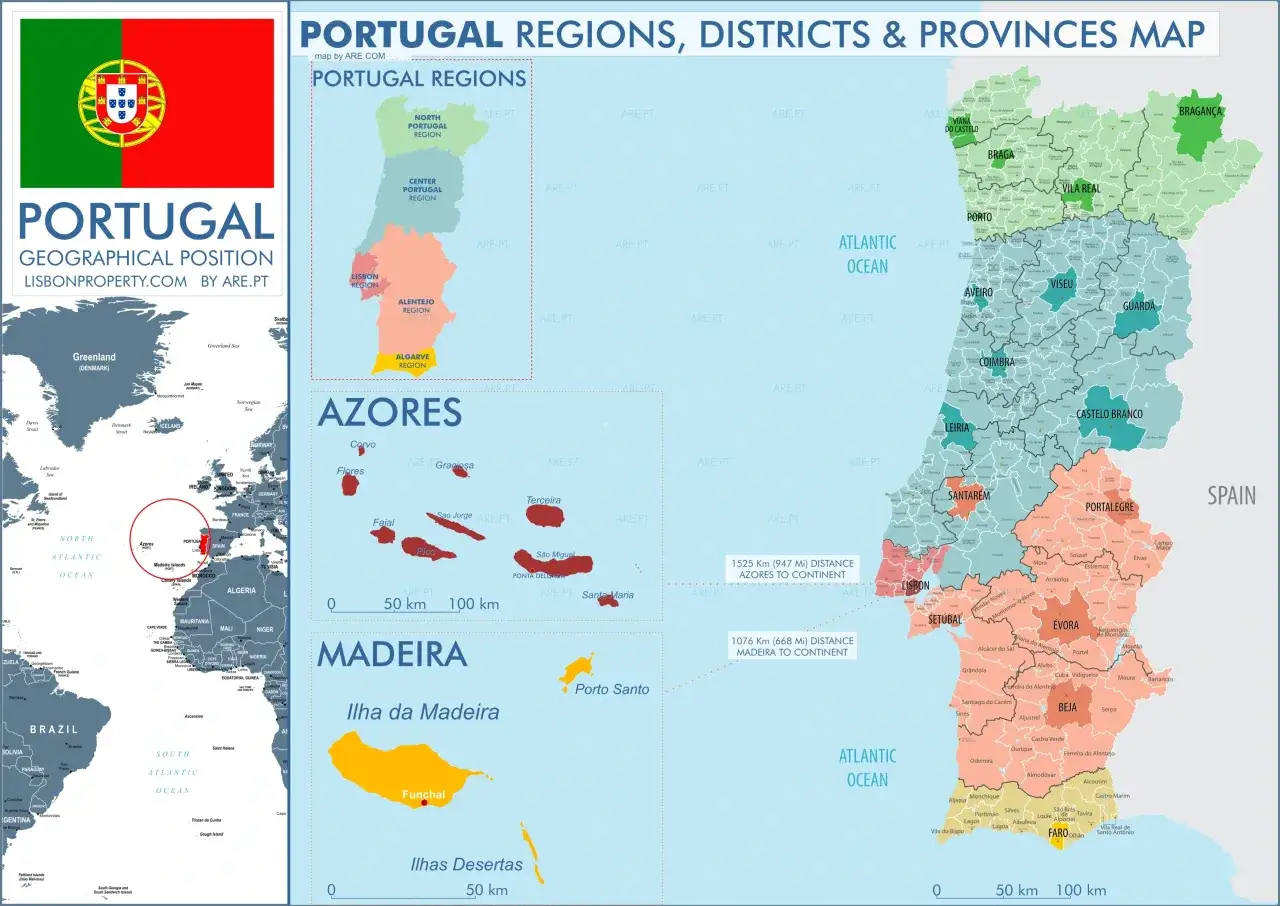 Karta över Portugals regioner, distrikt och provinser. Perfekt för din nästa restips Portugal!