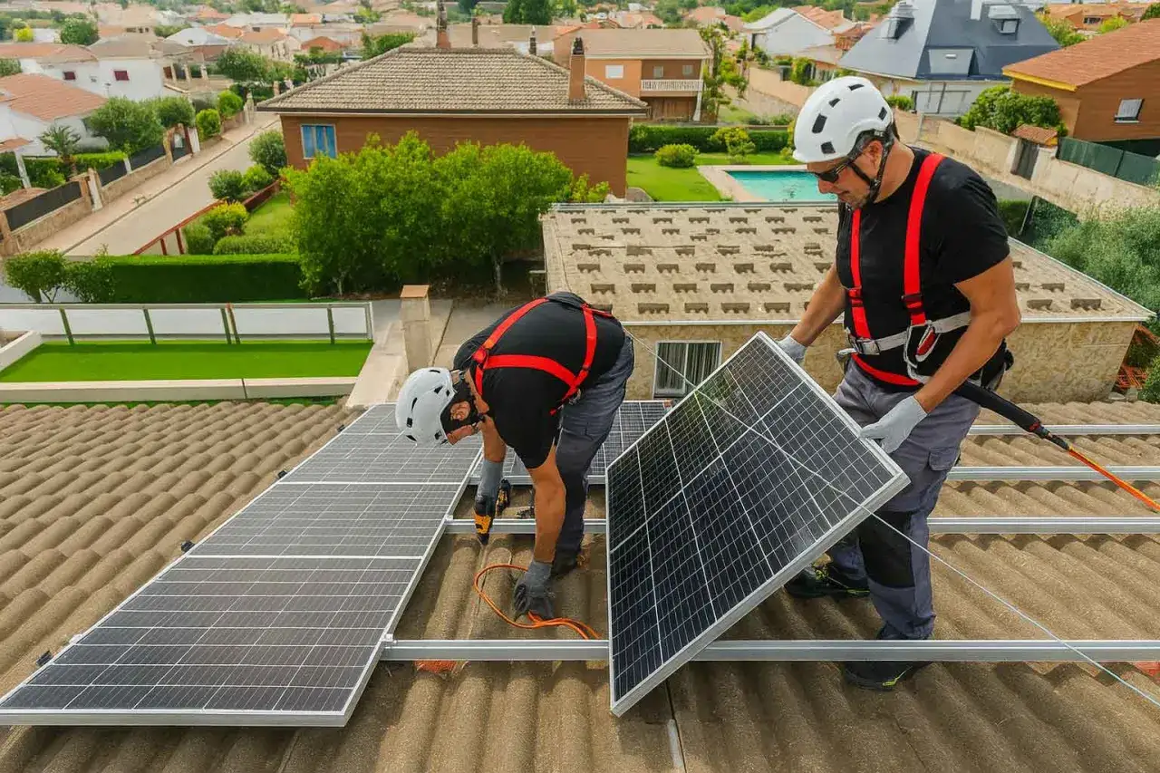 Dos t&eacute;cnicos instalan paneles solares en un tejado. Uno sujeta una placa mientras el otro la atornilla.