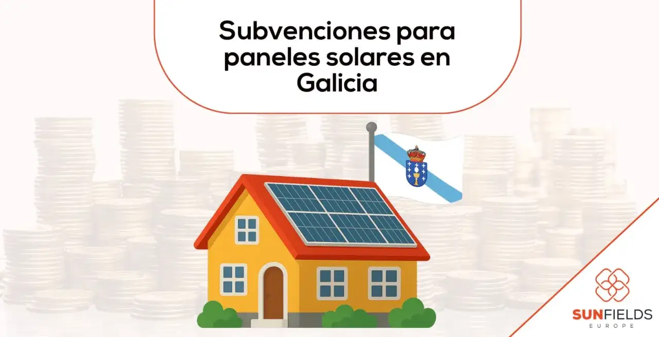 Casa con paneles solares y bandera de Galicia. Montones de monedas sugieren subvenciones para placas solares en Galicia.