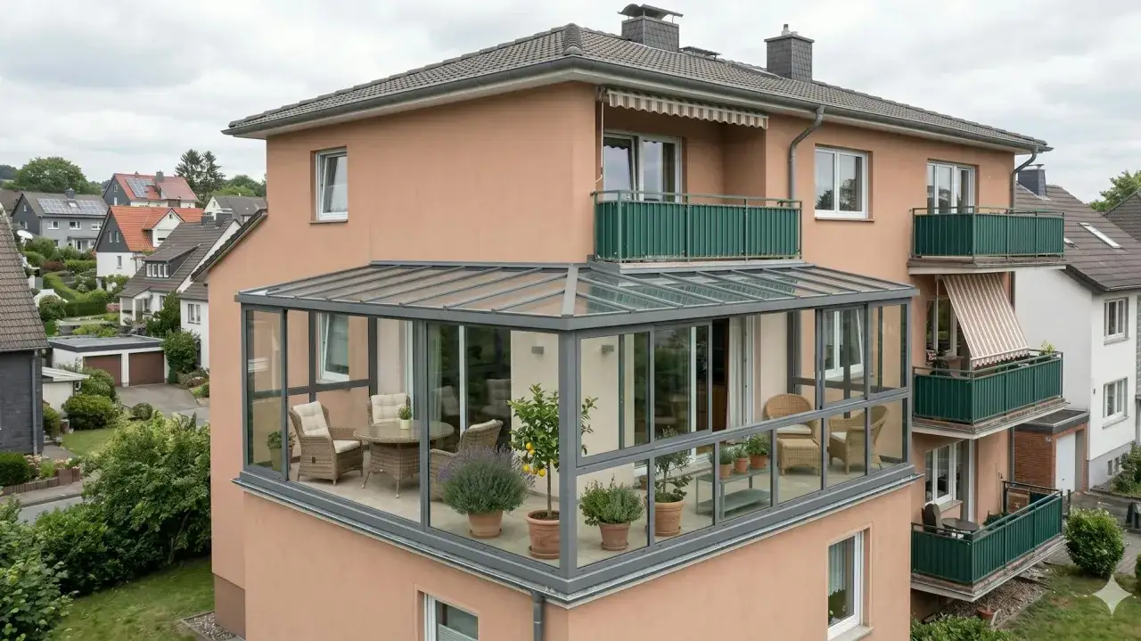 Moderner Wintergarten, der einen Balkon zum gemütlichen Wohnraum erweitert. Mit Glasdach und -wänden, Möbeln und Pflanzen.