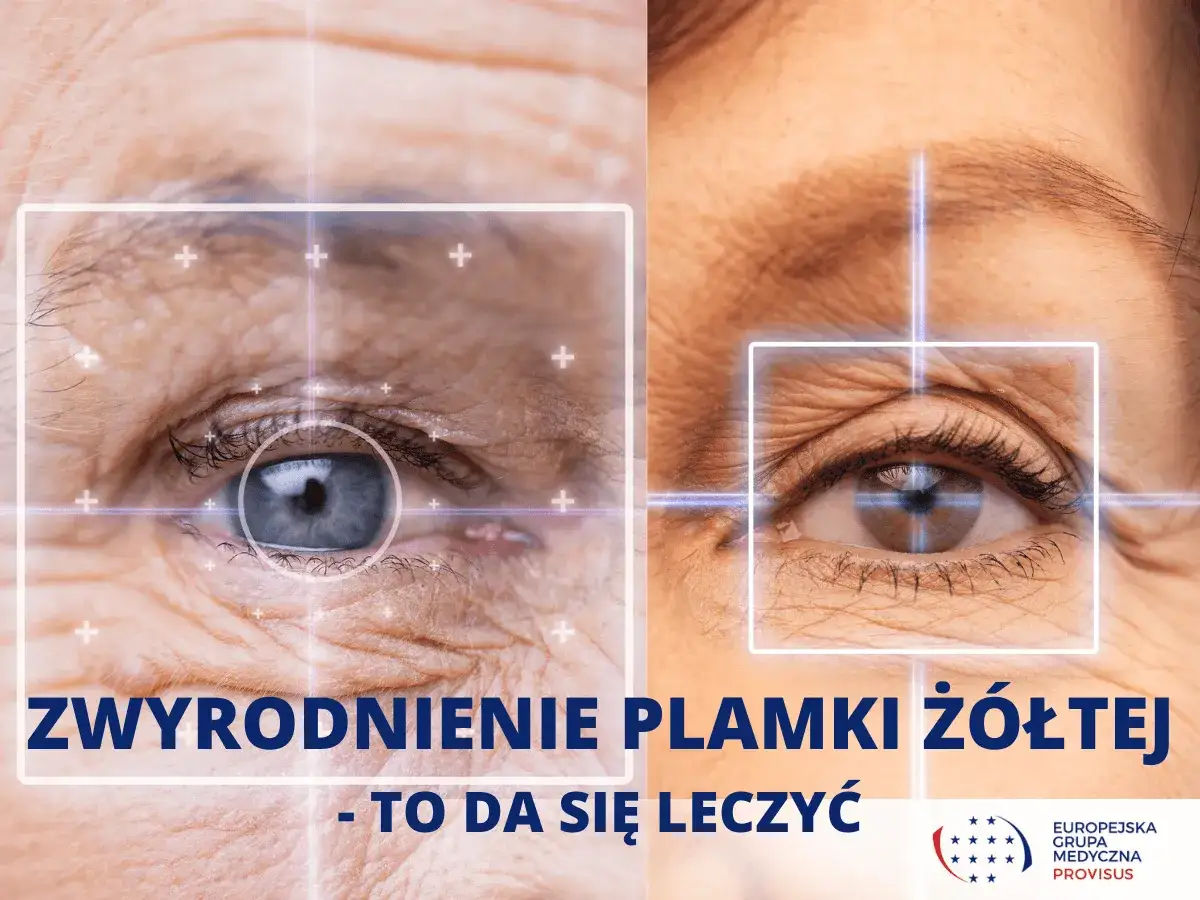 Dwa zbliżenia na oczy starszych osób, jedno z widocznymi zmarszczkami, drugie z wyraźniejszą skórą. Tekst: