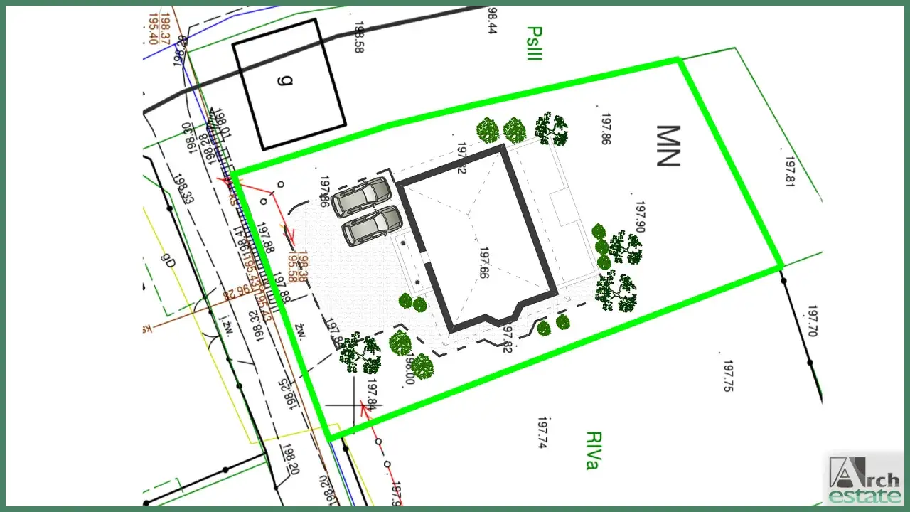 Plan działki z zaznaczonym budynkiem, samochodami i drzewami. Wskazane dopuszczalne przekroczenie powierzchni zabudowy na działce MN.