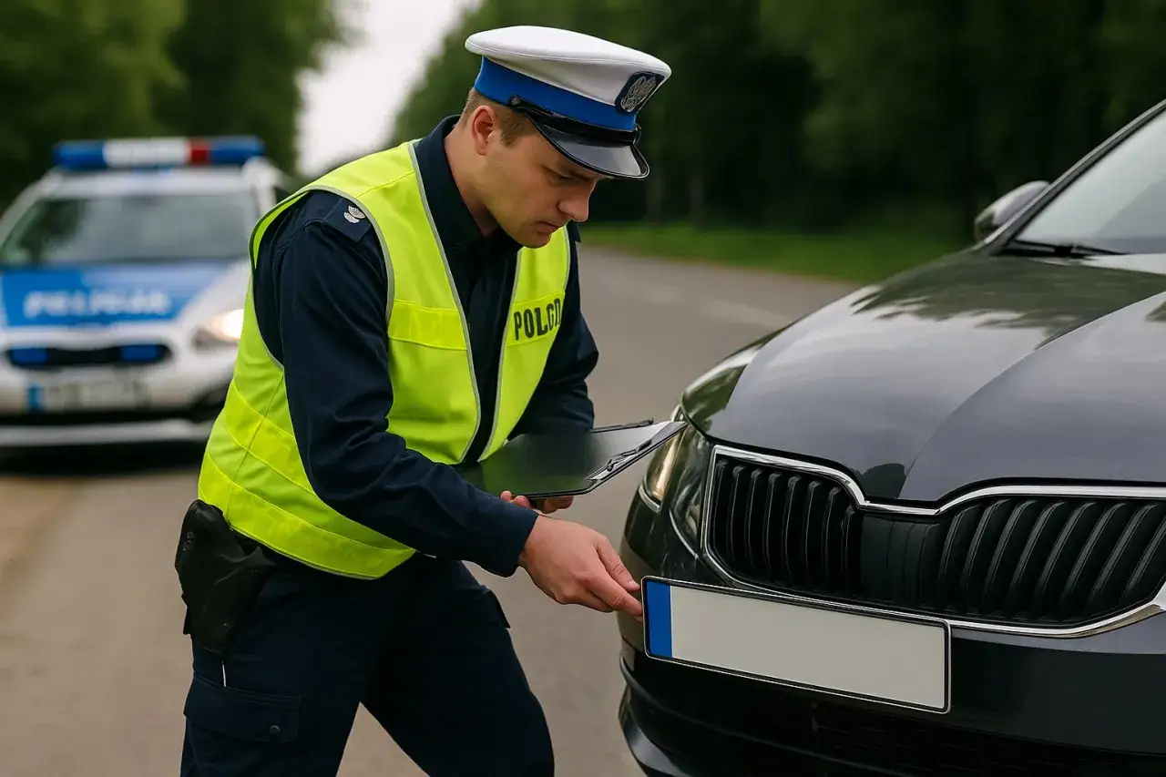 Policjant spisuje dane z nieczytelnej tablicy rejestracyjnej zatrzymanego pojazdu. W tle radiowóz.