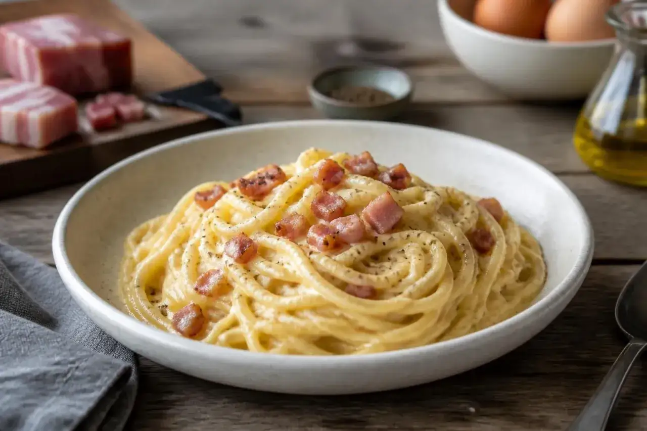 Un plat de spaghetti crémeux, garni de lardons croustillants. Une délicieuse carbonara recette, prête à être dégustée.