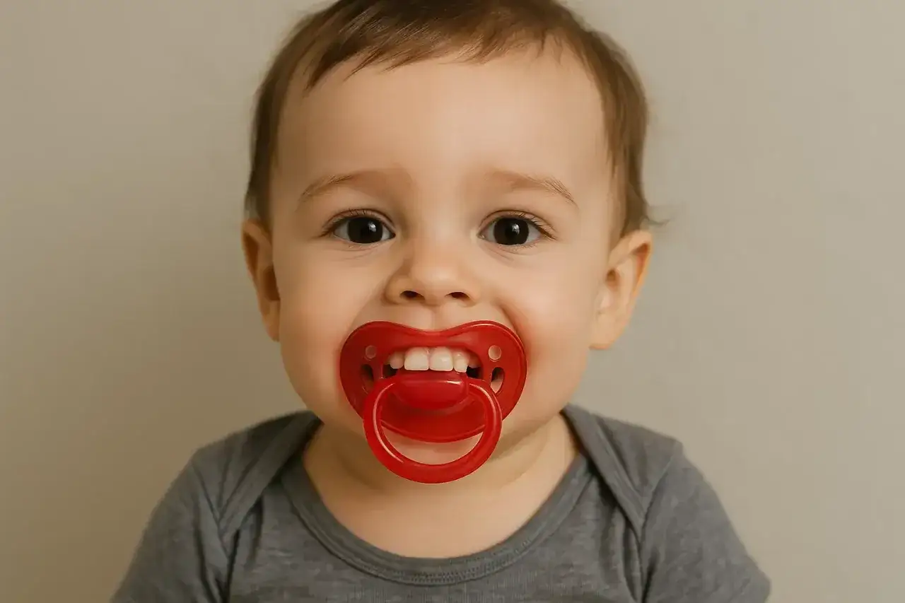 A baby with bright eyes and a pacifier showing off their tiny passy teeth.
