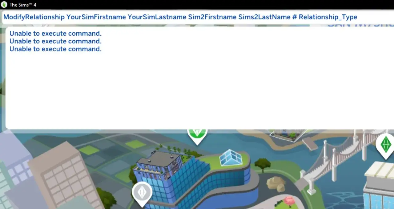 Nieudane pr&oacute;by użycia kod&oacute;w na relacje w The Sims 4. Komenda 