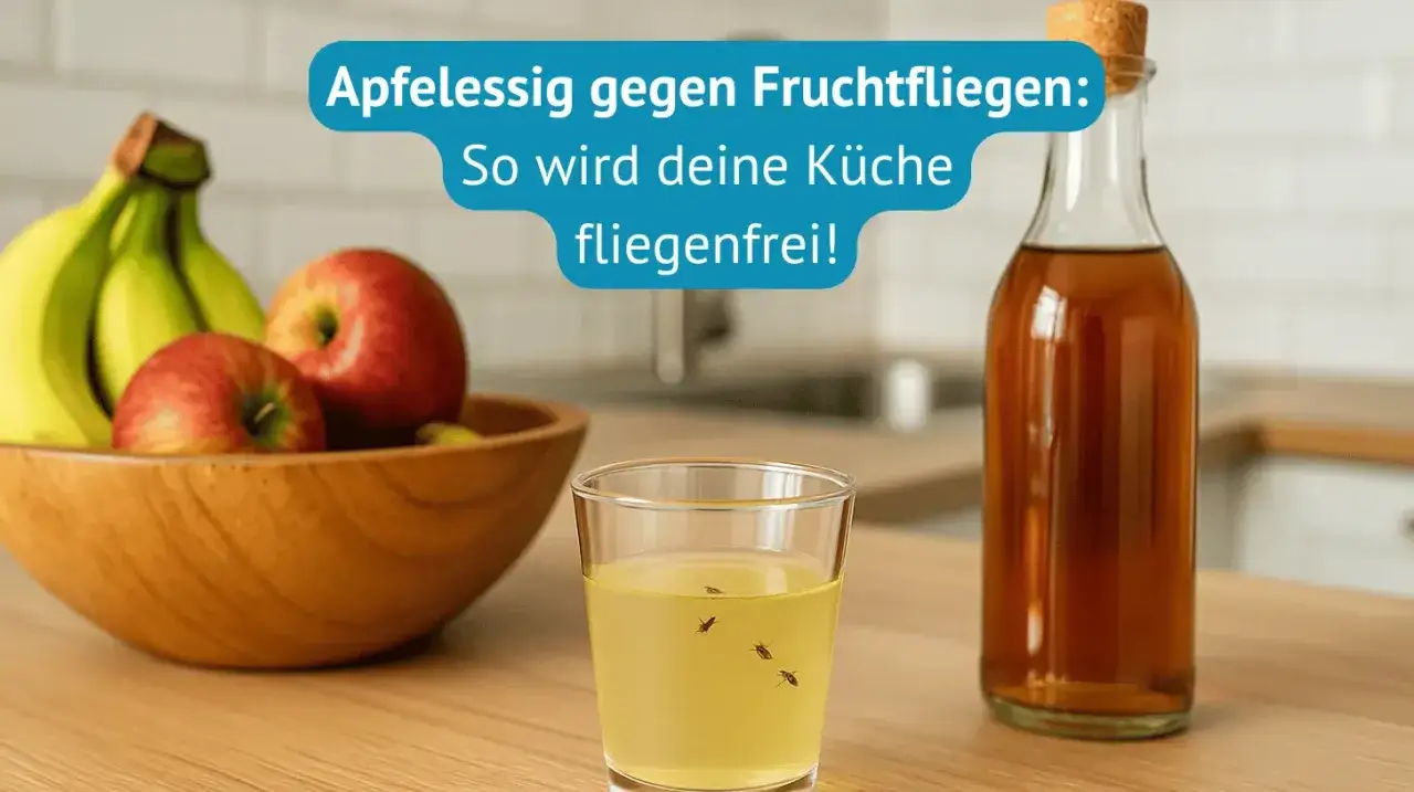 Apfelessig gegen Fruchtfliegen: Ein Glas mit Essig und Fruchtfliegen steht neben &Auml;pfeln und Bananen. So wird deine K&uuml;che fliegenfrei!