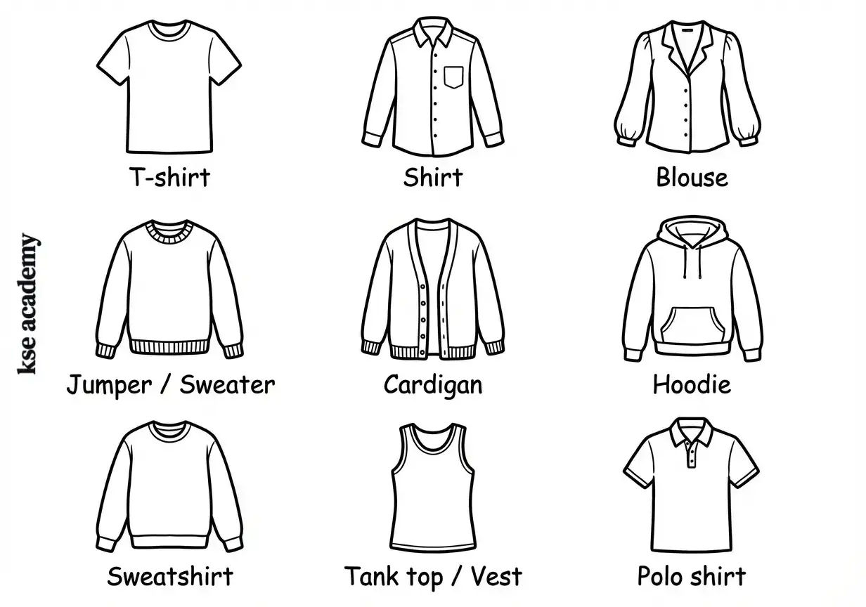 Ilustracje ubrań: T-shirt, Shirt, Blouse, Jumper/Sweater, Cardigan, Hoodie, Sweatshirt, Tank top/Vest, Polo shirt.