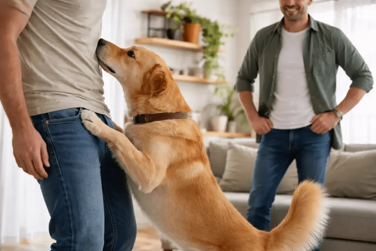 A dog sniffs a man's crotch, a common canine greeting. Another man smiles in the background.