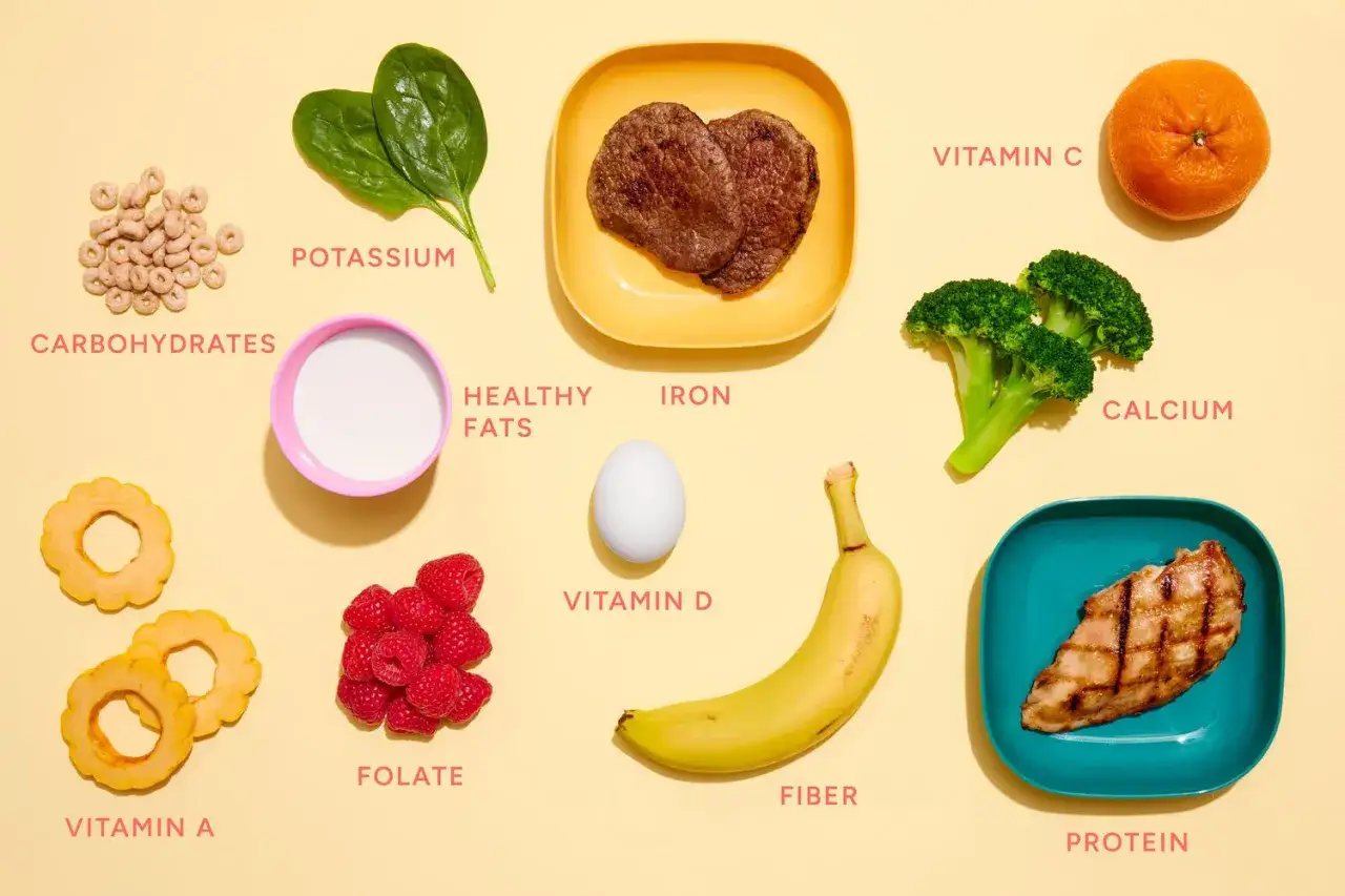 Une banane, source de fibres, et un steak, riche en fer, sont présentés avec d'autres aliments.