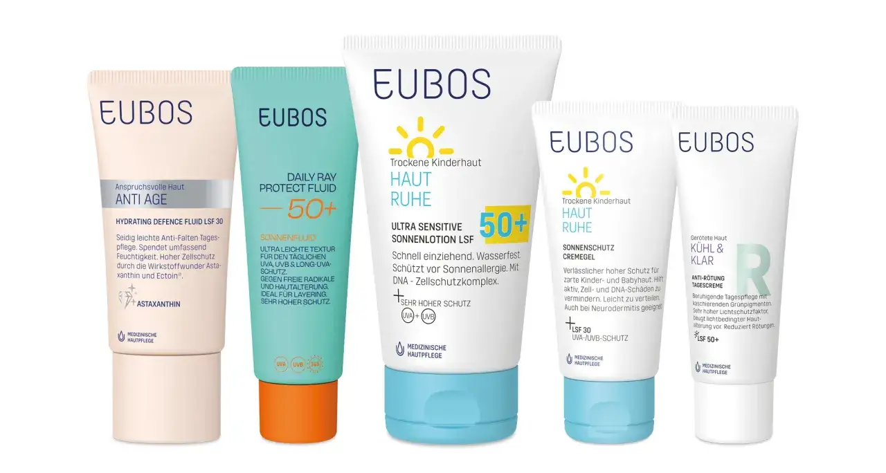 EUBOS Sonnencreme mit UVA/UVB-Schutz für verschiedene Hautbedürfnisse: Anti-Aging, täglicher Schutz, Kinderhaut und Rötungslinderung.
