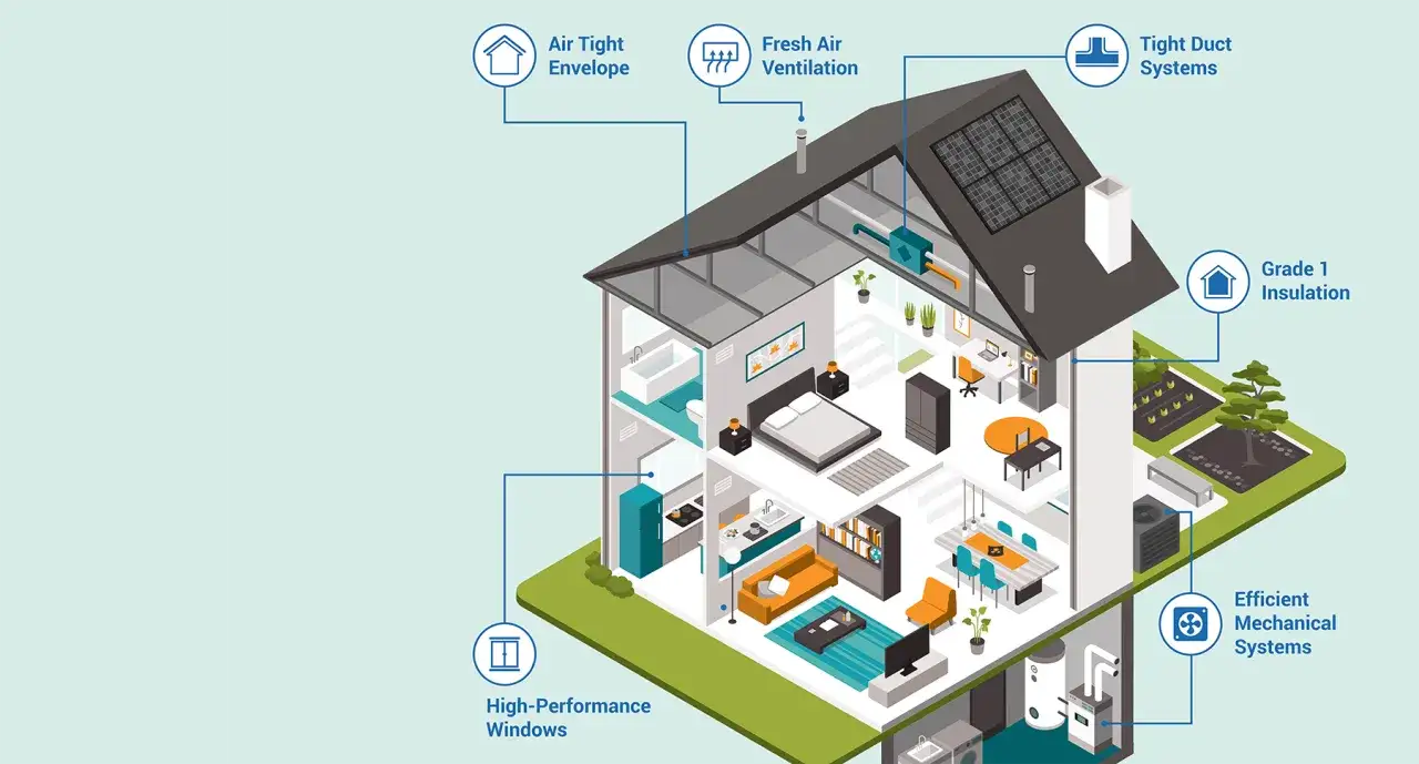 Diagrama de una casa que muestra elementos clave para la climatizaci&oacute;n y ventilaci&oacute;n, como aislamiento, ventanas eficientes y sistemas mec&aacute;nicos.