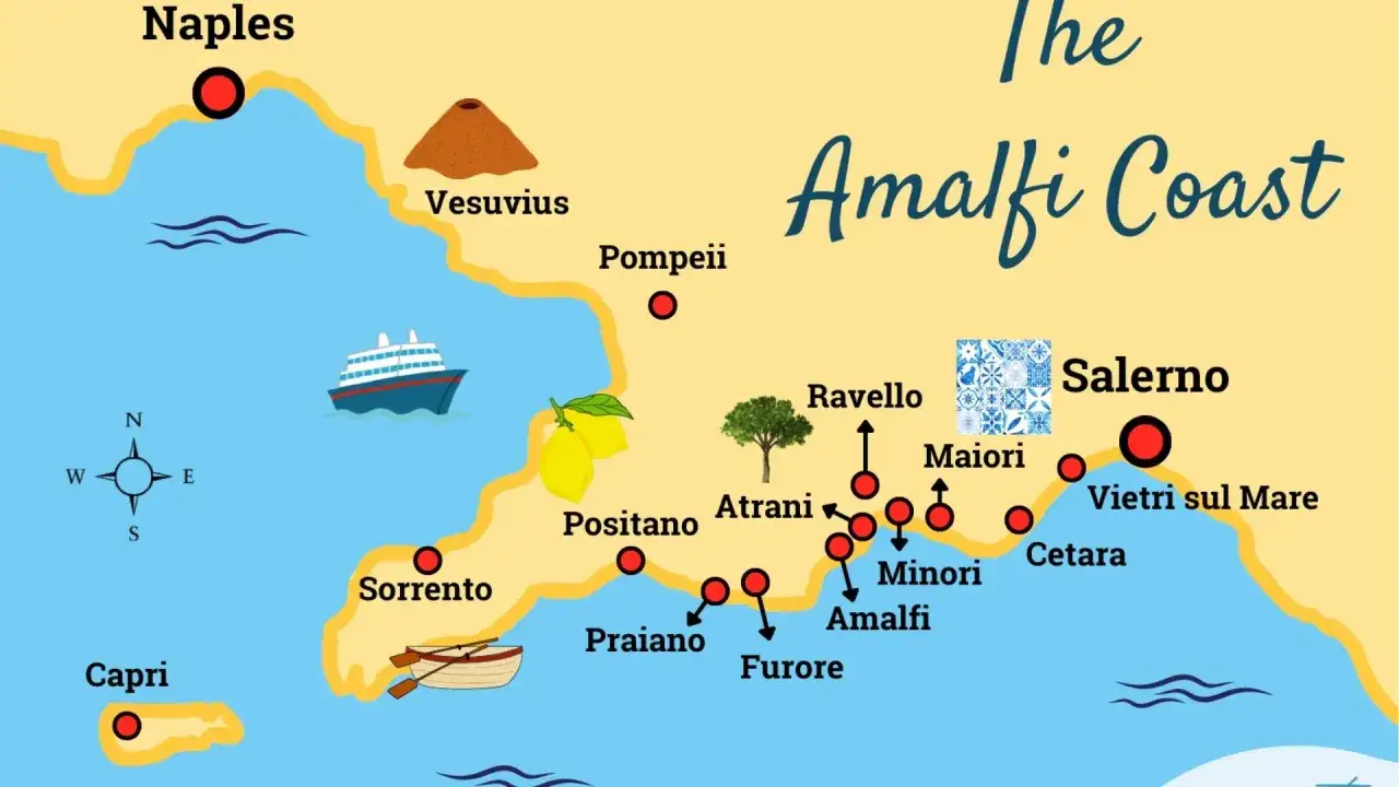Karta &ouml;ver Amalfikusten med Naples, Vesuvius, Pompeii, Sorrento, Capri, Positano, Amalfi, Ravello, Salerno. Perfekt f&ouml;r att planera din resa fr&aring;n amalfikusten flygplats.