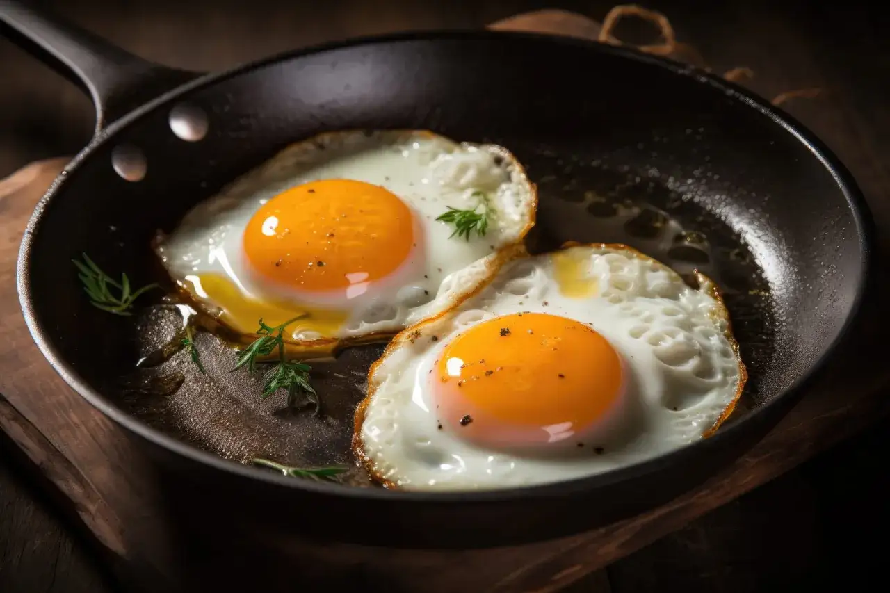 Deux oeufs au plat parfaits, aux jaunes brillants, cuisent dans une poêle avec quelques herbes aromatiques.