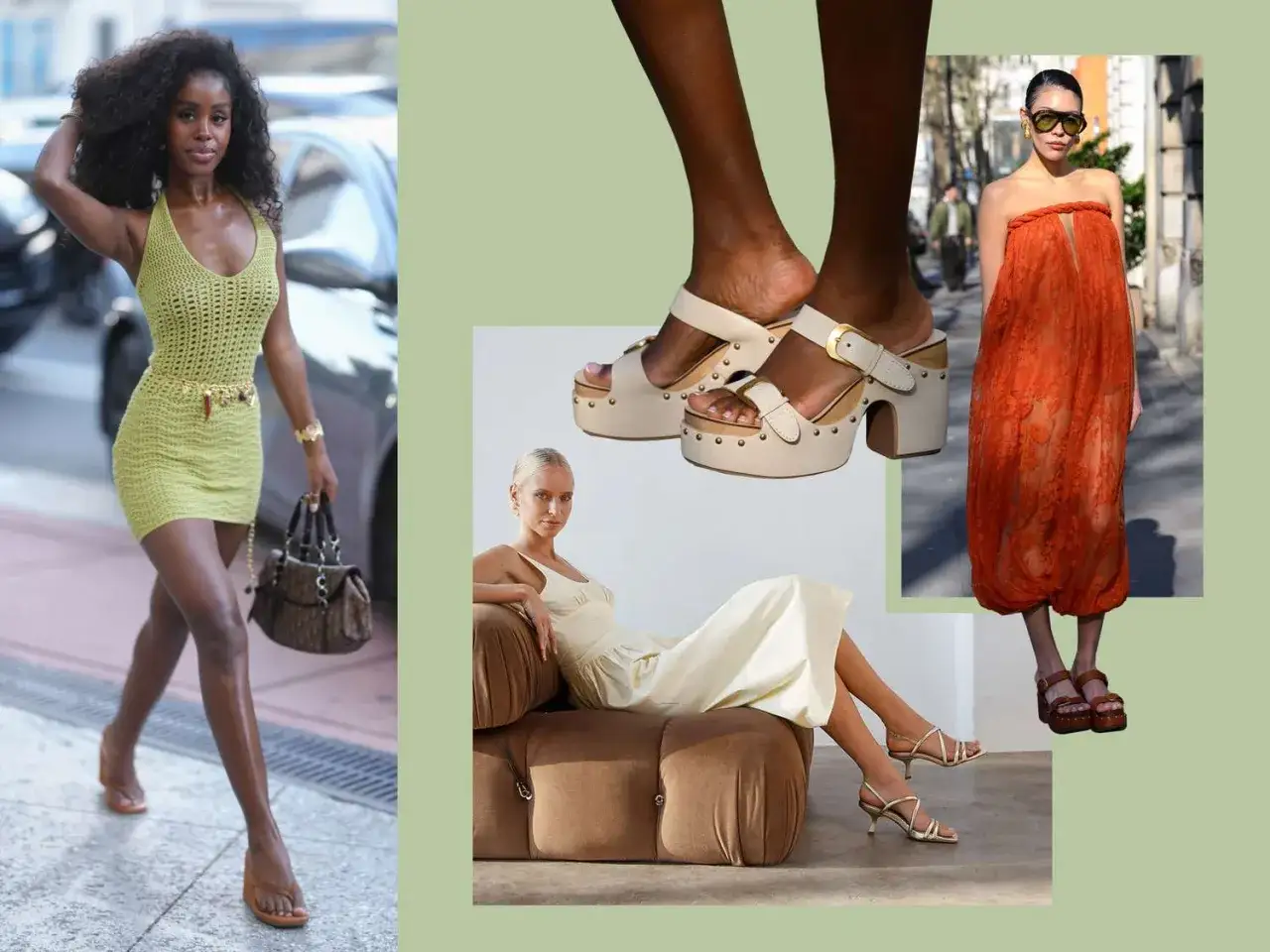 Modische Sommeroutfits mit verschiedenen Schuhen, darunter Plateausandalen und filigrane Riemchensandalen. Perfekt für warme Tage, diese Sommerschuhe mit Einlagen bieten Komfort.
