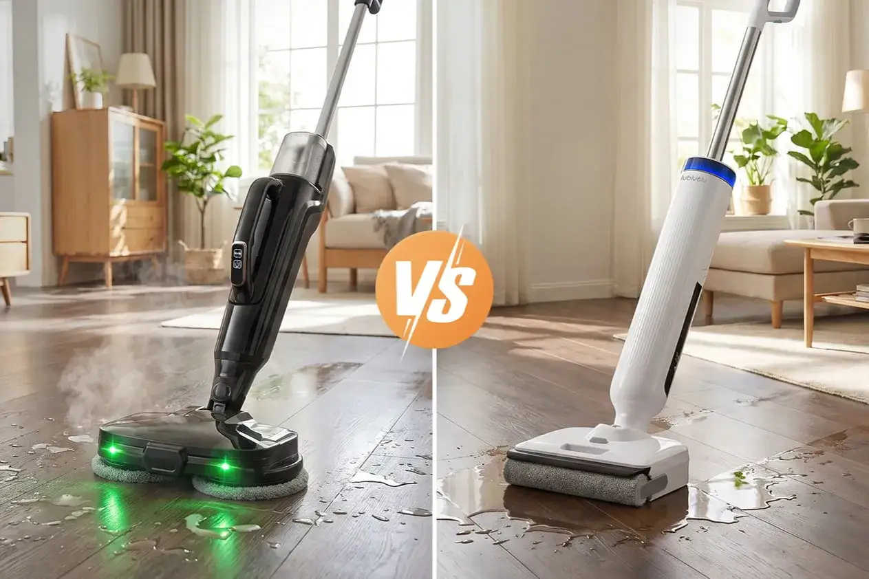 Czarny mop parowy vs biały mop elektryczny &ndash; por&oacute;wnanie skuteczności na mokrej podłodze.