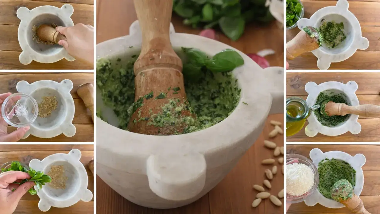 Preparazione del pesto alla genovese: pestare aglio, sale, basilico, pinoli, parmigiano e olio d'oliva in un mortaio di marmo.