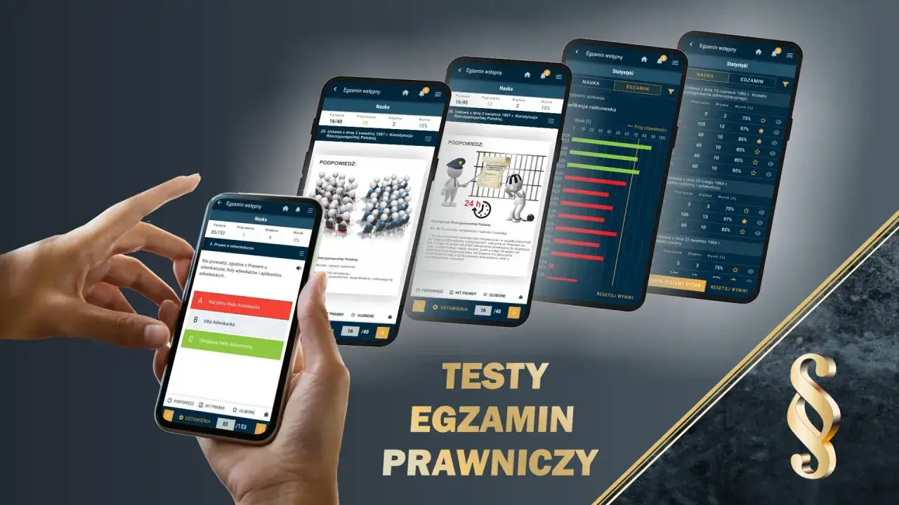 Aplikacja mobilna pomaga jak zdać egzamin prawniczy, oferując testy, statystyki i podpowiedzi.