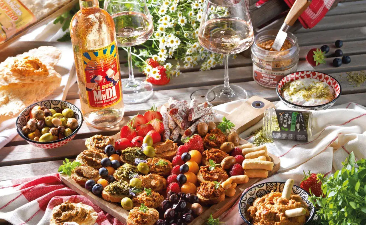Un plateau gourmand pour un ap&eacute;ro d'&eacute;t&eacute; : toasts vari&eacute;s, fruits, olives, charcuterie, et un ros&eacute; frais.