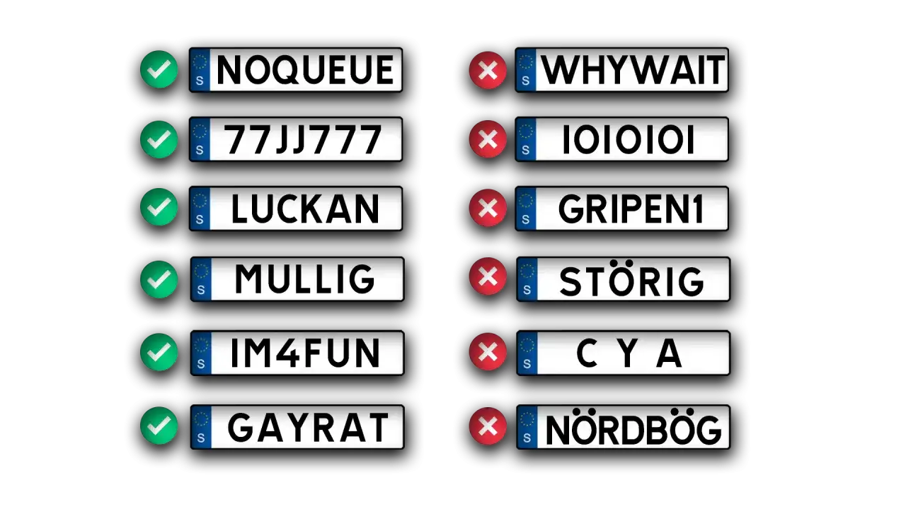 H&auml;r visas godk&auml;nda och underk&auml;nda registreringsskyltar. Vissa &auml;r roliga, andra inte. Dags att byta registreringsskylt?