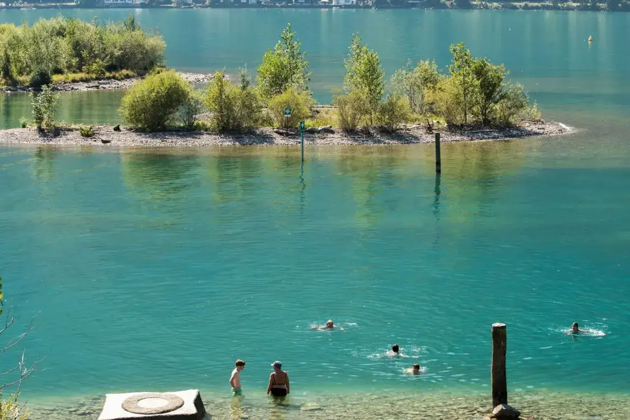 Menschen genie&szlig;en das Schwimmen in den klaren, t&uuml;rkisfarbenen **schweizer Seen**. Eine kleine Insel mit B&auml;umen und B&uuml;schen ragt aus dem Wasser.