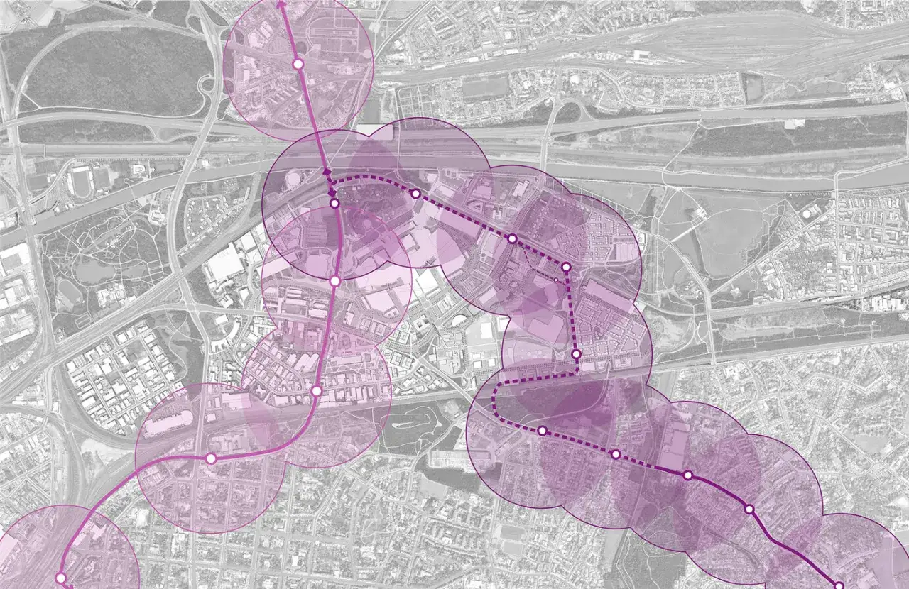 Stadtplan von Oberhausen mit lila Kreisen, die eine neue Verkehrsverbindung markieren. Dies visualisiert den **Strukturwandel Oberhausen** und zukünftige Entwicklungszonen.