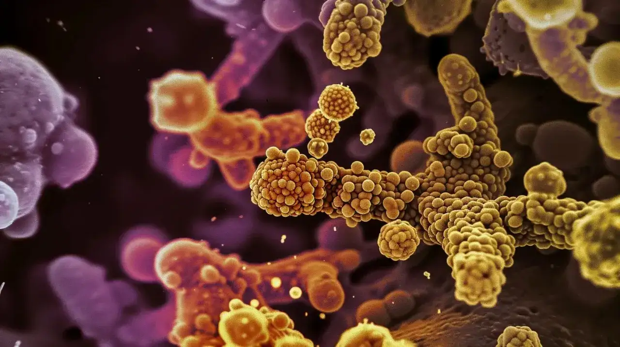 Mikroskopowy obraz komórek, przypominający strukturę tkanki. Badanie cytologiczne u mężczyzn może pomóc w wykryciu zmian.