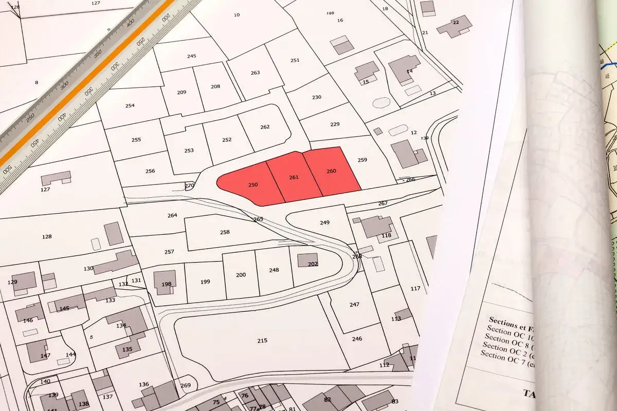 Plan cadastral avec parcelles d&eacute;limit&eacute;es, dont trois en rouge. Un plan roul&eacute; et une r&egrave;gle sont visibles. Cela &eacute;voque la servitude par destination du p&egrave;re de famille.