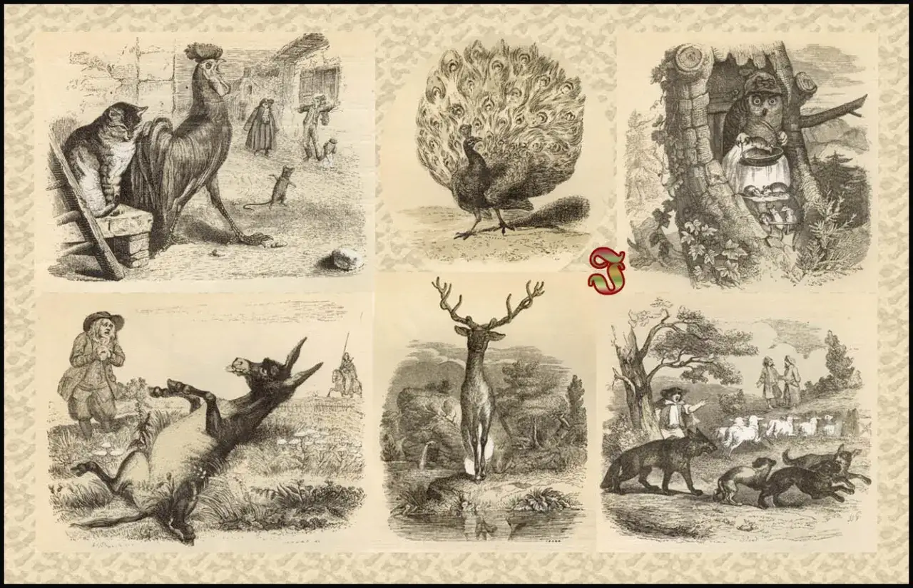 Ilustracje do bajek Jean de la Fontaine: kot, paw, sowa, osioł, jeleń, wilk i owce.