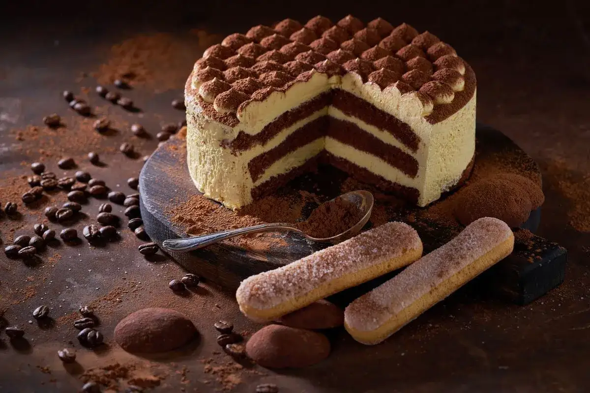 Una fetta di torta tiramis&ugrave;, con strati di crema e cacao, circondata da savoiardi, chicchi di caff&egrave; e cacao in polvere.