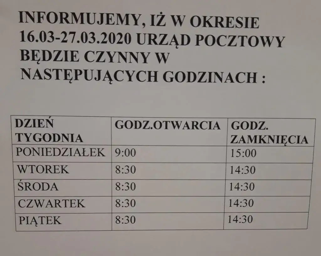 Poczta Polska godziny otwarcia tablica informacyjna