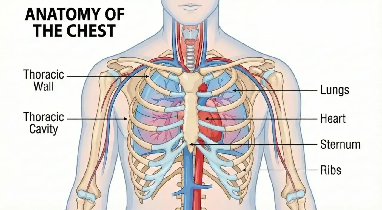 Anatomia klatki piersiowej: płuca, serce, mostek, żebra. B&oacute;l w klatce piersiowej przy głębokim wdechu może być związany z tymi strukturami.