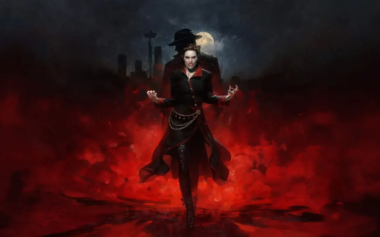 Wampirzyca z kłami w mrocznym mieście, w tle księżyc i sylwetka mężczyzny. Klimat Vampire the Masquerade.