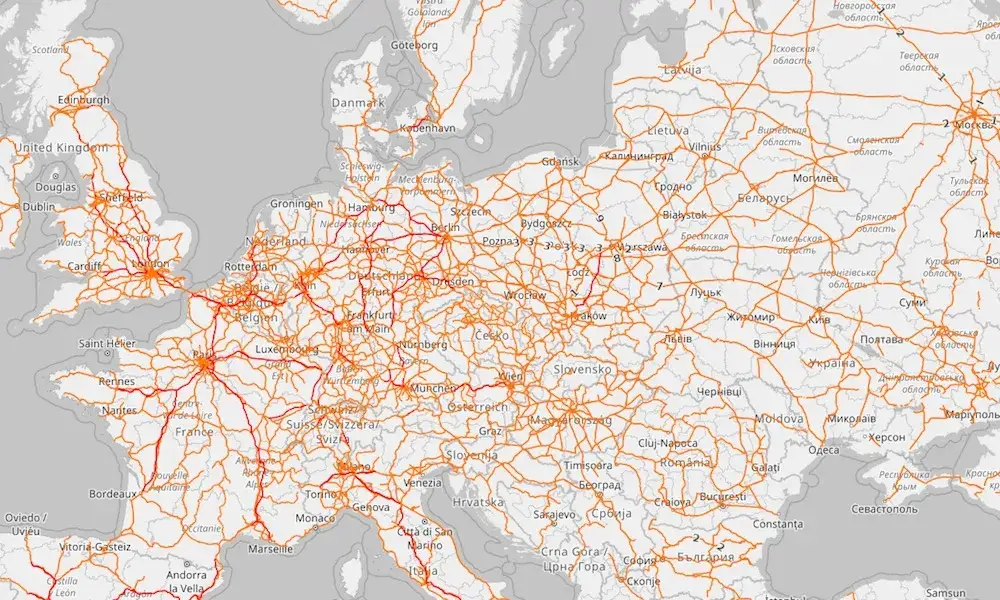 Mapa Europy z zaznaczonymi popularnymi trasami transportowymi dla busów