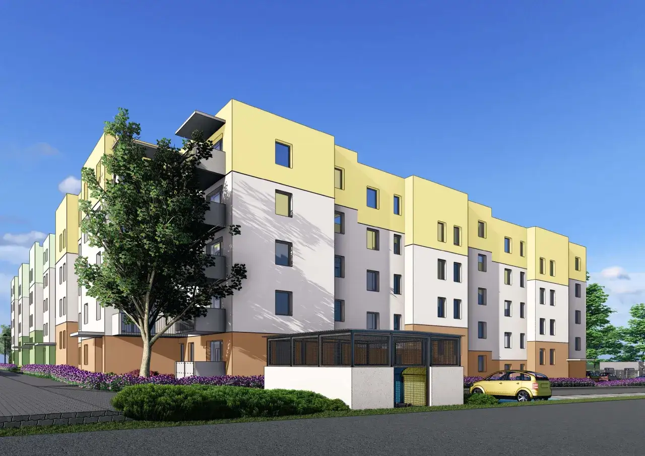 Nowoczesne bloki mieszkalne z żółtymi akcentami, otoczone zielenią i kwiatami. Idealne nowe inwestycje Poznań.