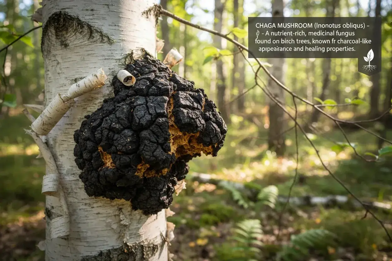 Gros champignon noir, ressemblant &agrave; du charbon, poussant sur un bouleau. Le chaga est connu pour ses nombreux bienfaits pour la sant&eacute;.