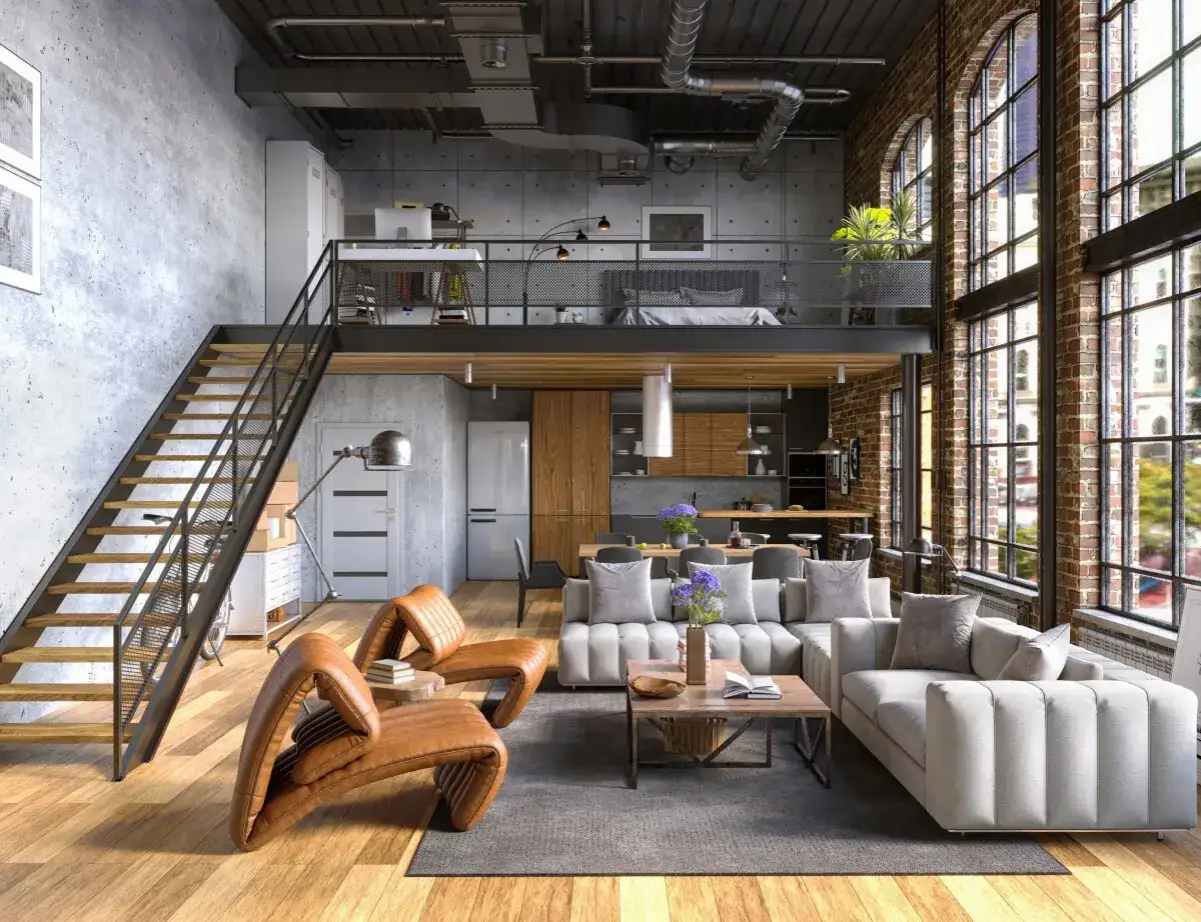 Espaciosa habitaci&oacute;n con dise&ntilde;o industrial, loft con escaleras, sala de estar y cocina abierta.