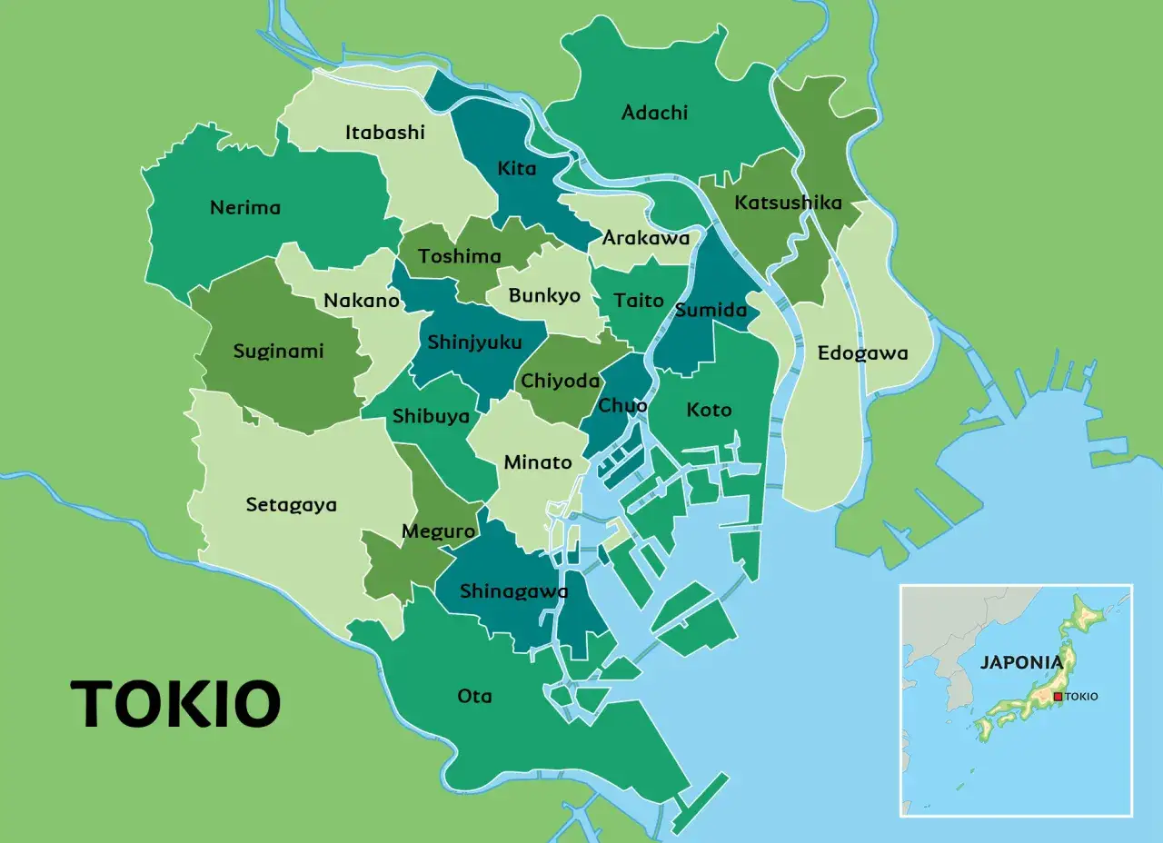 Mapa przedstawia tokio dzielnice, takie jak Nerima, Shinjuku, Shibuya i Minato, z zaznaczonym położeniem Japonii.