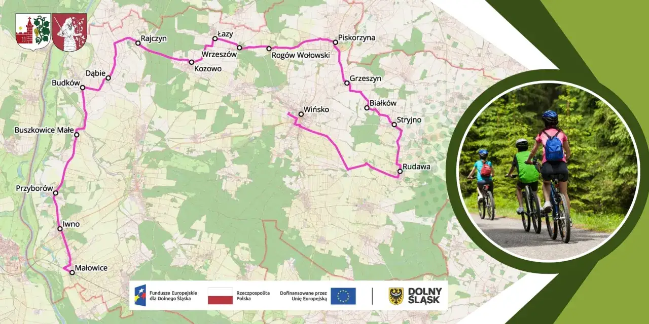 Mapa przedstawia trasę rowerową przez malowniczą dolnośląską krainę rowerową, z zaznaczonymi miejscowościami i ścieżkami.