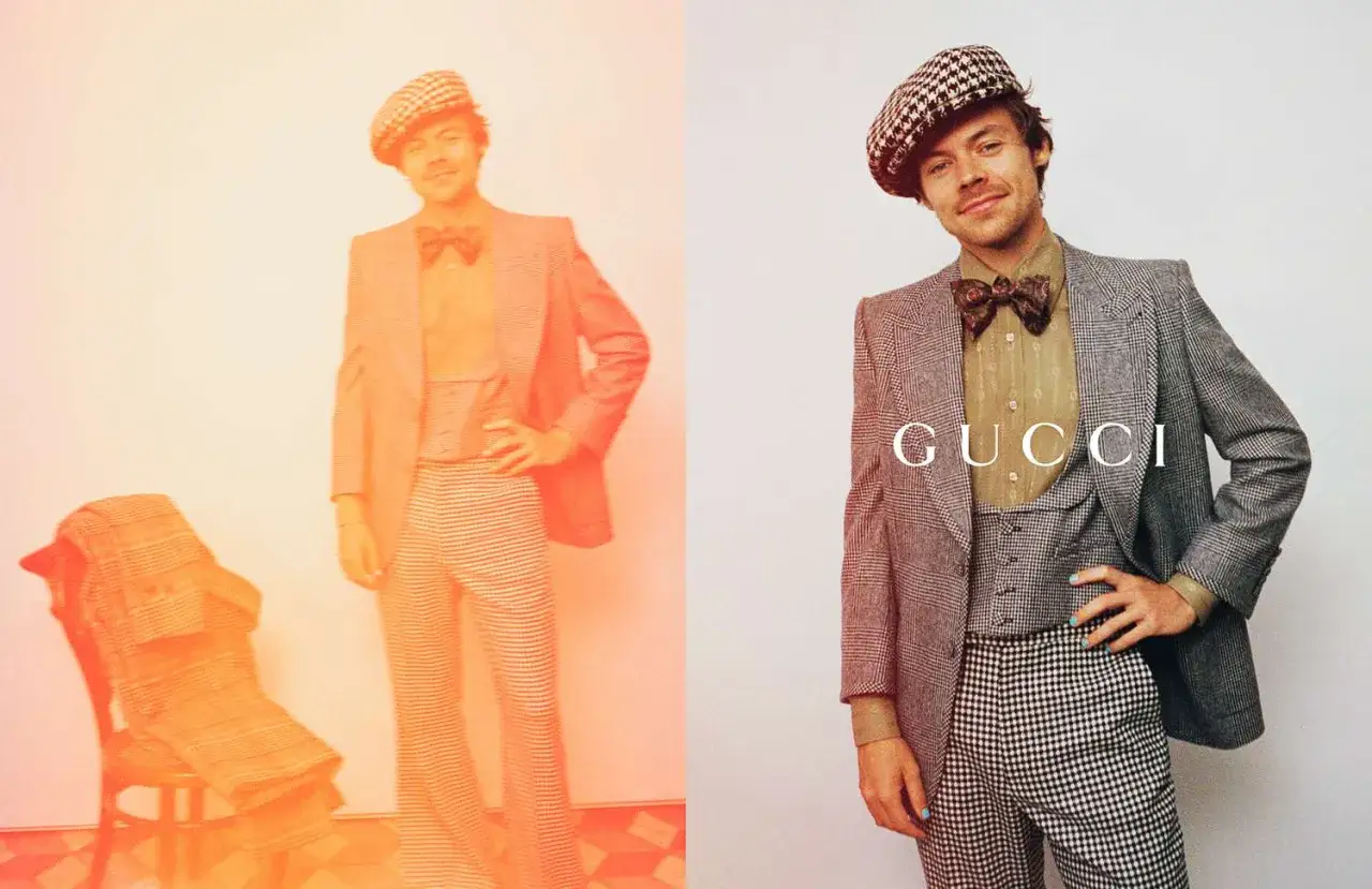 Harry Styles i en rutig kavaj och byxor från Gucci, med en rutig keps och fluga.