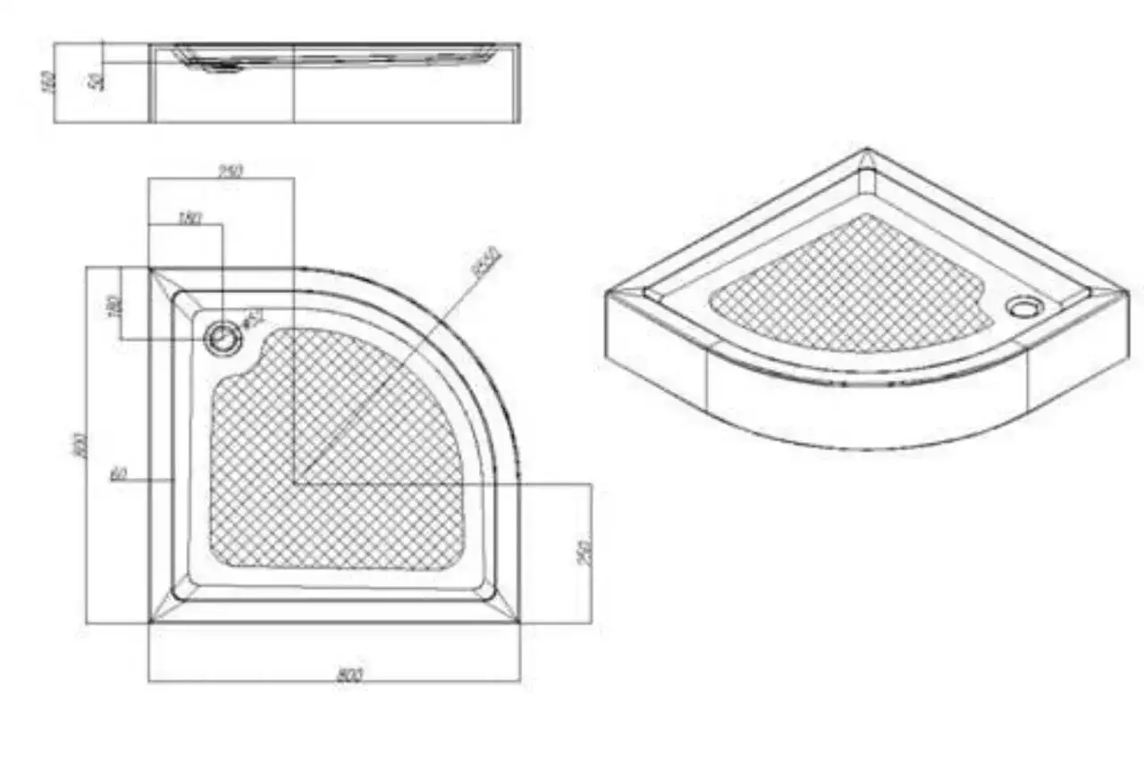 Rysunek techniczny pokazuje, jak zmierzyć kabinę prysznicową półokrągłą. Wymiary: 800x800 mm, promień 550 mm, wysokość 180 mm.