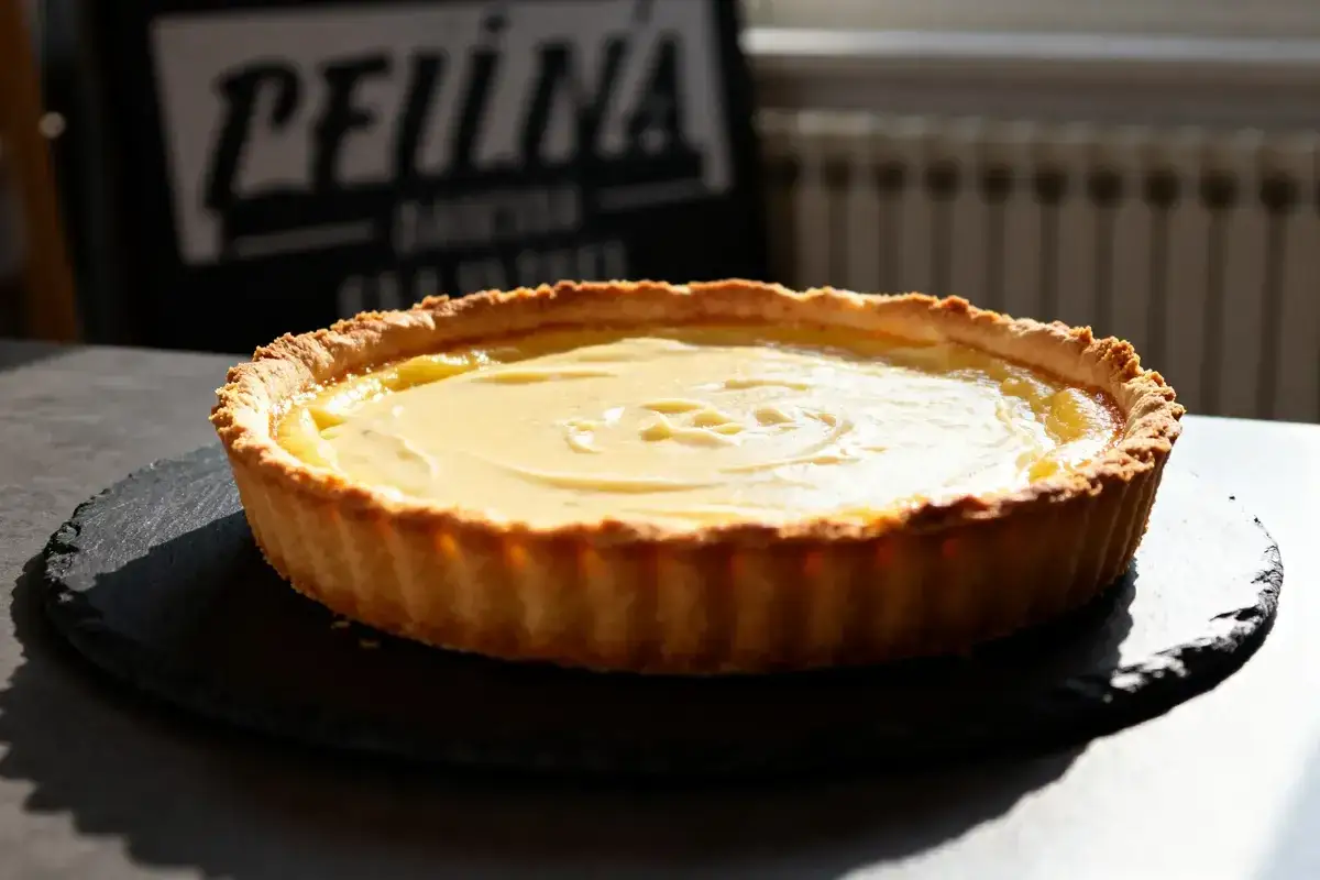 Flan p&acirc;tissier on a p&acirc;te feuillet&eacute;e or bris&eacute;e, with a creamy custard filling and golden crust.